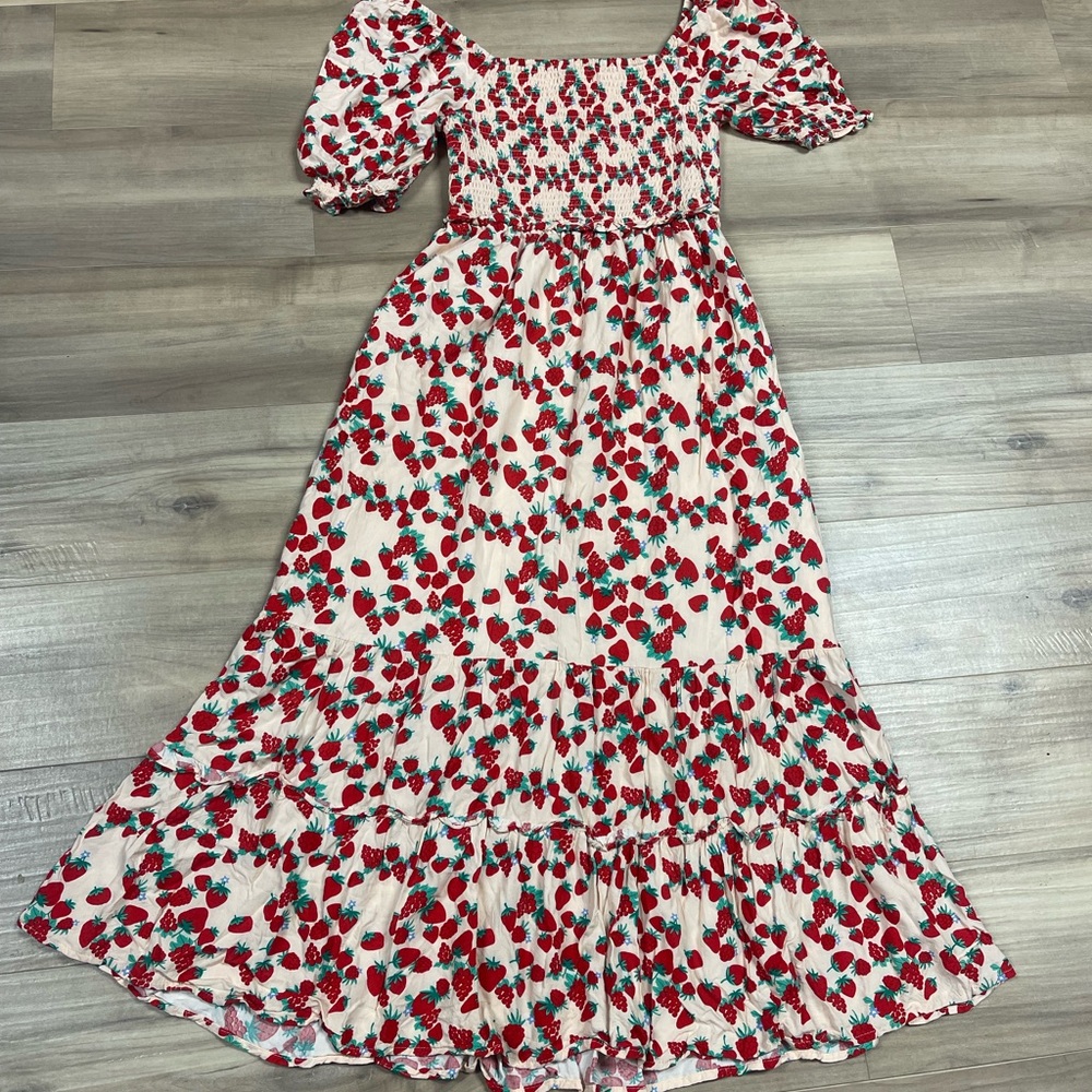 Betsey Johnson Strawberry Dress Med Smocked Prairie Country Cottagecore Granny - Picture 11 of 12